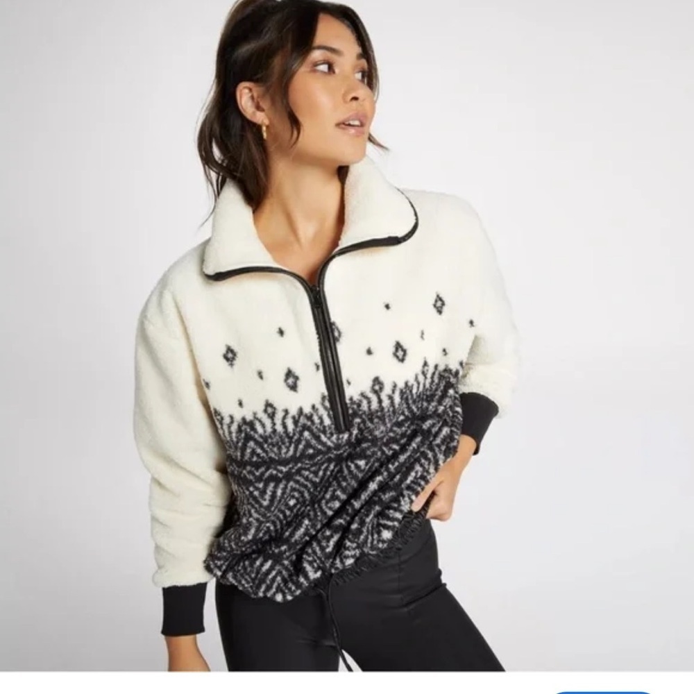 CALIA M high collar 1/2 zip woman black-white faux leather tie sherpa pullover